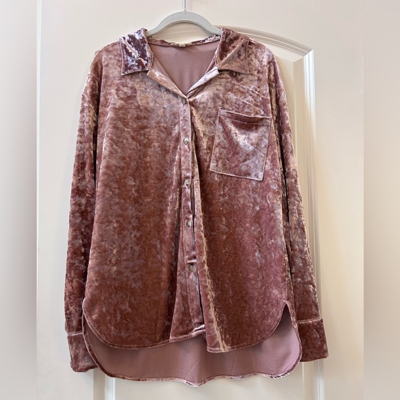 Mystree Tops - Mystree crushed velvet velour shimmery pink button down tunic top. Whimsigoth